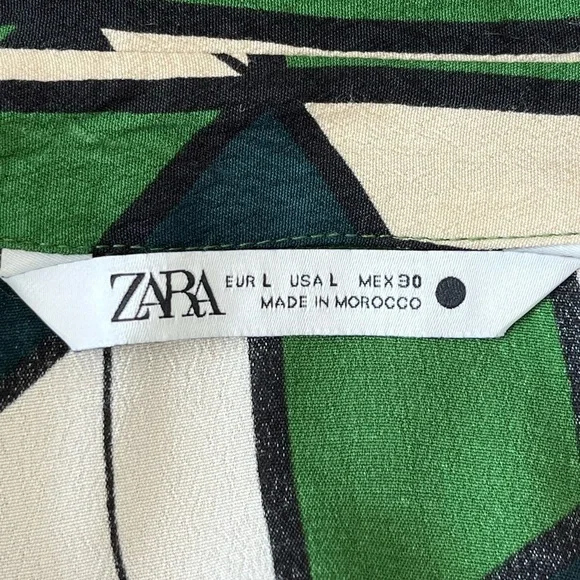 Zara Green Black Cream Geometric Printed Collared V-neckline Blouse Size Large - Picture 11 of 16